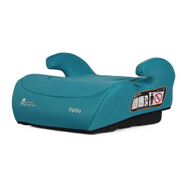 Teal UpGo belted booster seat with safety instructions panel and side wings