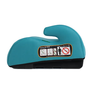 Teal UpGo belted booster seat with orange instruction sticker on side