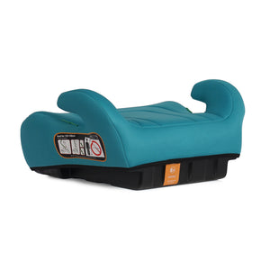 Teal UpGo belted booster seat, side view with safety label and black base
