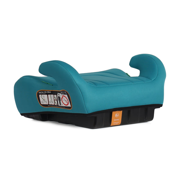 Teal UpGo belted booster seat, side view with safety label and black base
