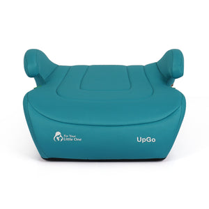 Teal UpGo belted booster seat rear view with two padded head supports