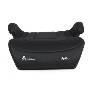 Dark fabric belted booster seat front view with UpGo logo and curved seat pad