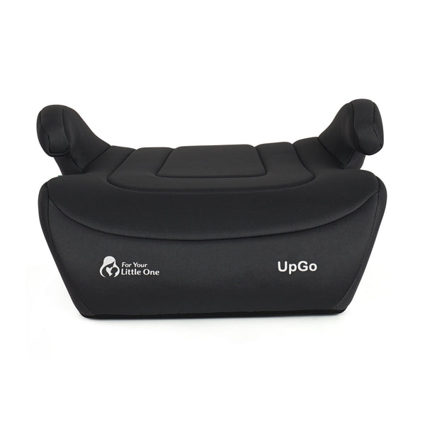 Dark fabric belted booster seat front view with UpGo logo and curved seat pad