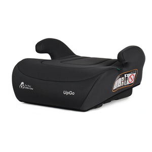 Dark fabric belted booster seat angled view with orange safety label and UpGo logo