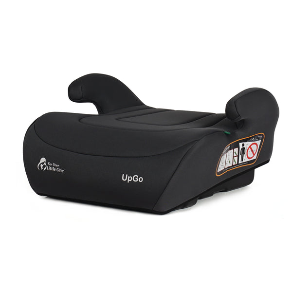 Dark fabric belted booster seat angled view with orange safety label and UpGo logo