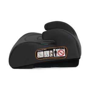 Dark fabric belted booster seat side view with orange safety label and headrest