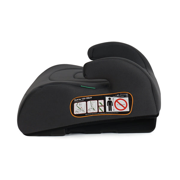 Dark fabric belted booster seat side view with orange safety label and headrest