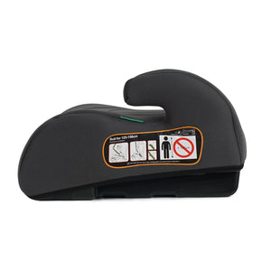 Dark fabric belted booster seat close-up with orange safety label on side wing