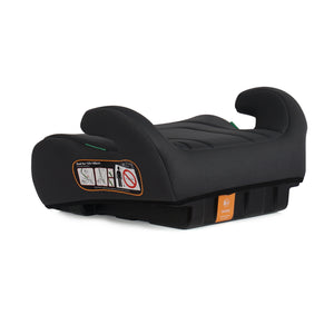 Dark fabric belted booster seat side view with orange safety label and armrests