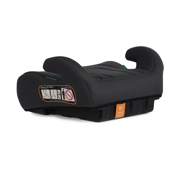 Dark fabric belted booster seat side view with orange safety label and armrests