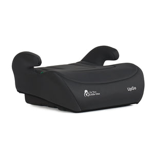 Dark fabric belted booster seat with padded headrests and UpGo logo on armrest
