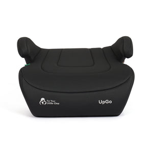Dark fabric belted booster seat front view with UpGo logo and armrests