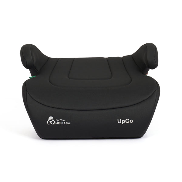 Dark fabric belted booster seat front view with UpGo logo and armrests