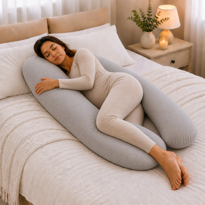 U-shaped grey maternity pillow on bed with removable case