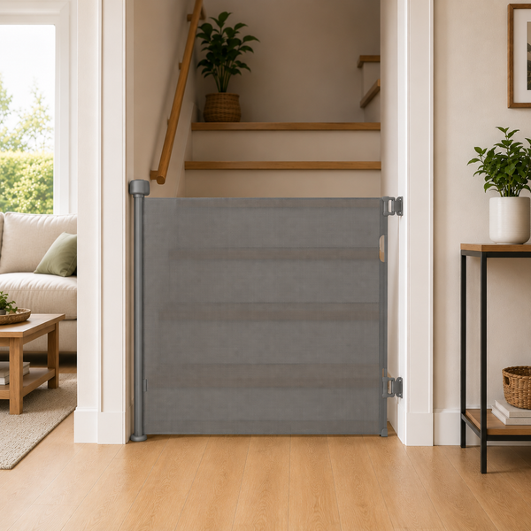 Grey fabric retractable stair gate secured across doorway opening with side posts