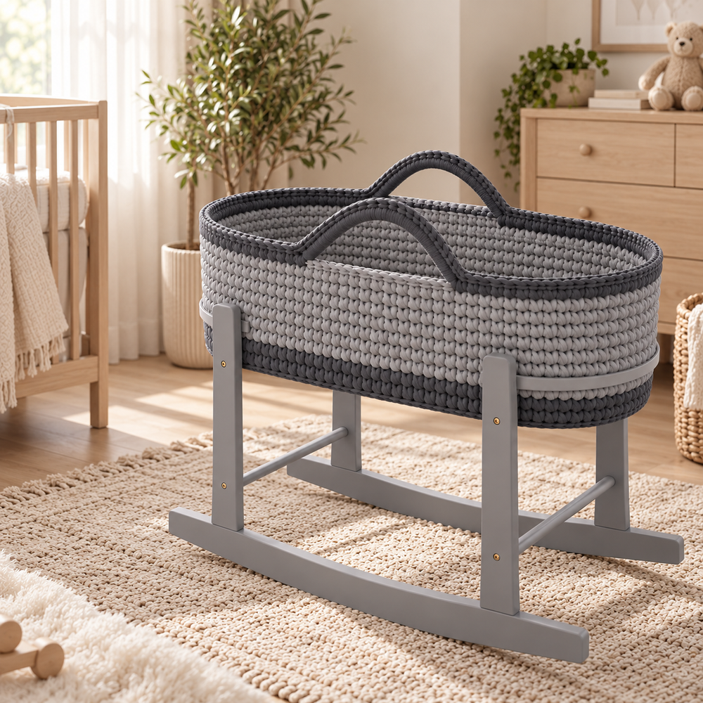 Crochet Moses Baskets With Stand - Grey