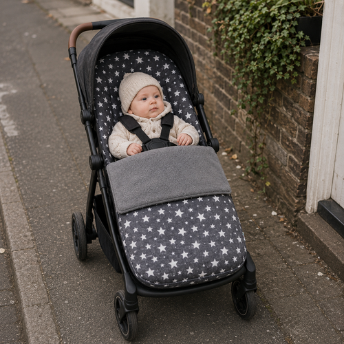 Universal fleece pushchair footmuff with grey cover and white star print