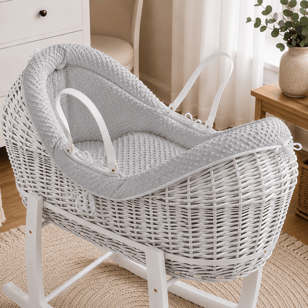 Grey dimple Moses basket bedding set with padded insert and fitted cover