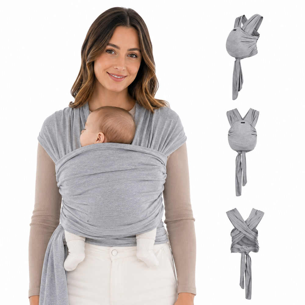 Grey melange baby wrap carrier holding infant, crossed front wrap and tied waist.
