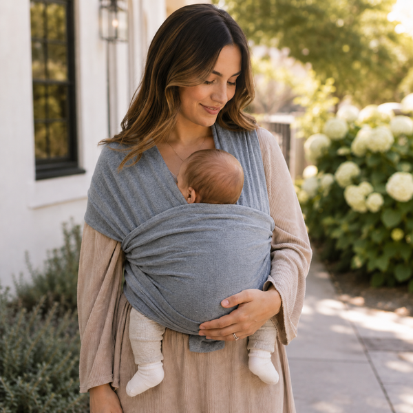 Grey melange baby wrap carrier holding infant, crossed front wrap and tied waist.