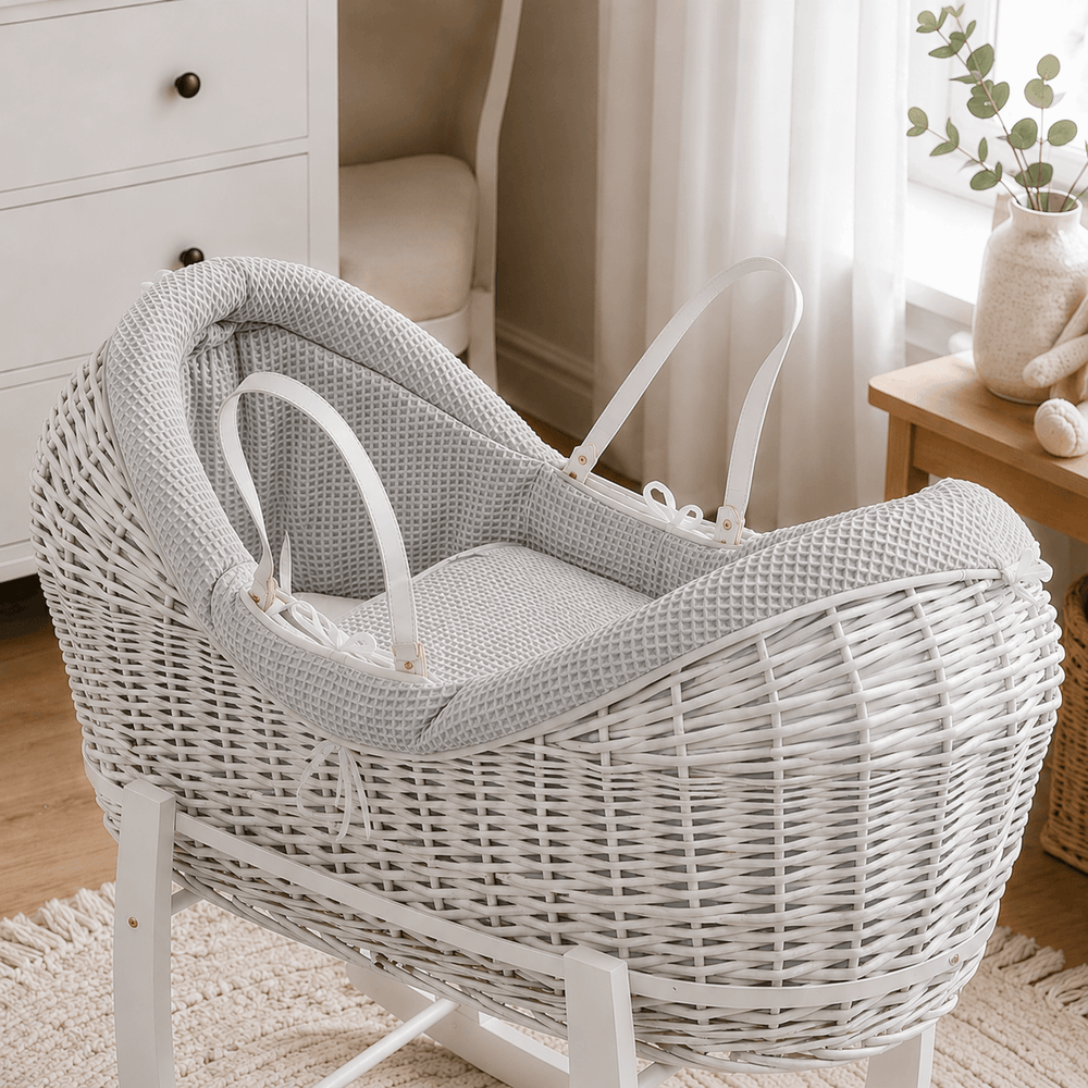 Grey waffle moses basket bedding set with padded liner and tie straps