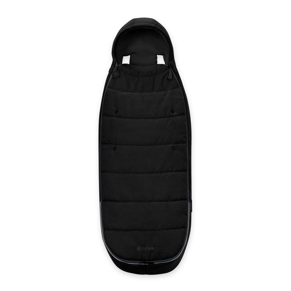Black padded stroller footmuff with top hood and snap details