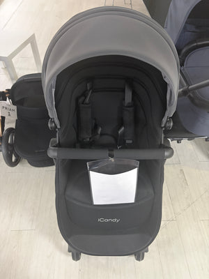 Grey stroller seat with canopy and front bumper bar, front view, open seat lining