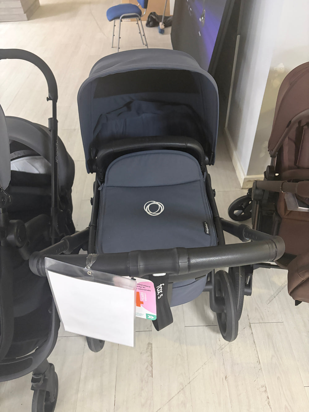 Bugaboo Fox 5 stroller, stormy blue seat with canopy and large front wheels