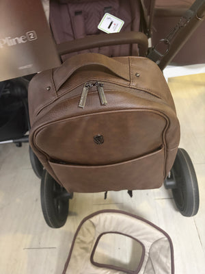 Burgundy pram side storage bag with zipper and carrycot cover, plus wheels