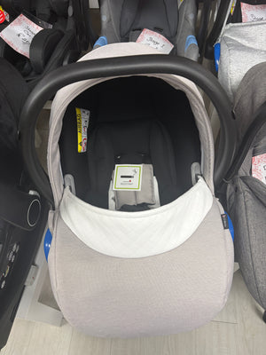 Cream newborn car seat with padded hood and open interior