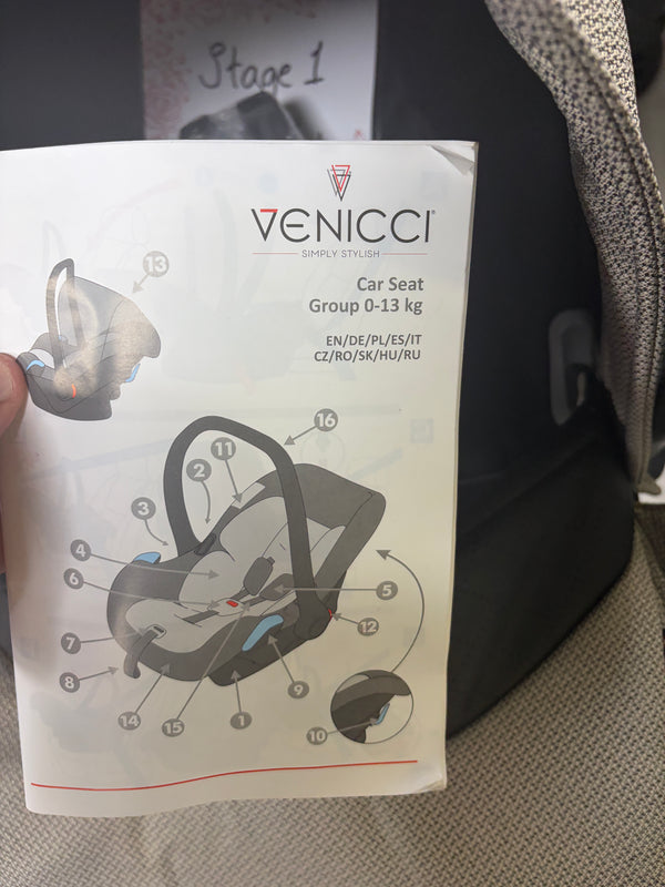 Venicci car seat instruction box with diagram and text panel, group 0-13 kg