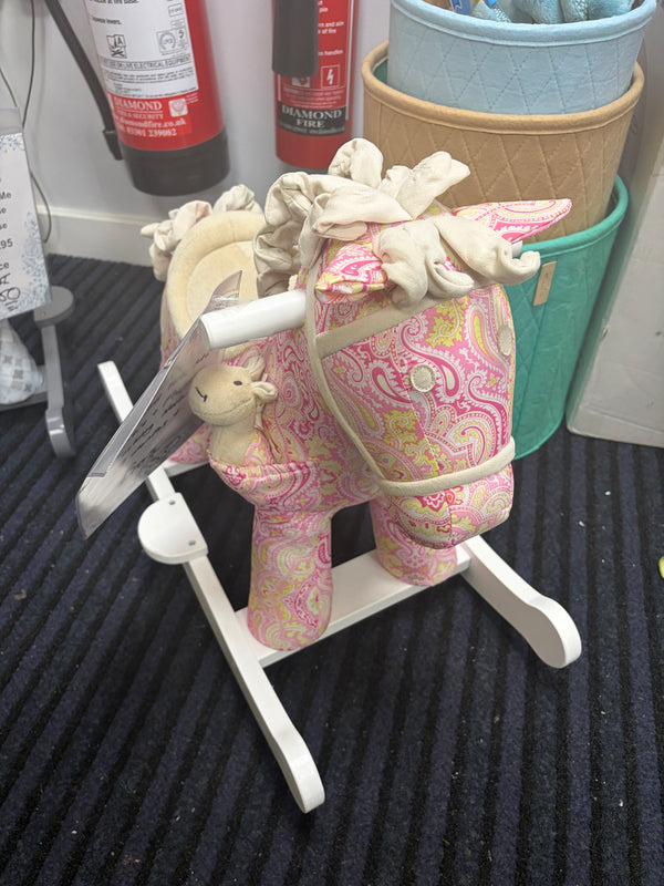 Pink paisley fabric plush rocking horse with cream padded head and white rockers