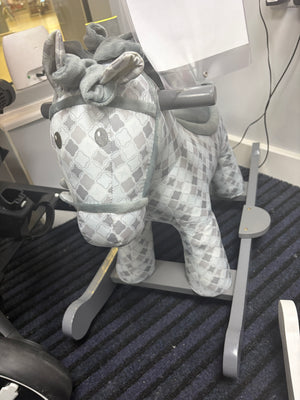 Gray-and-white plush rocking horse with checkered fabric and curved gray rockers