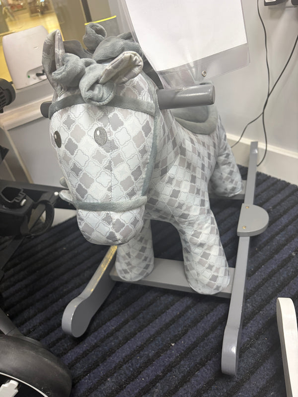 Gray-and-white plush rocking horse with checkered fabric and curved gray rockers