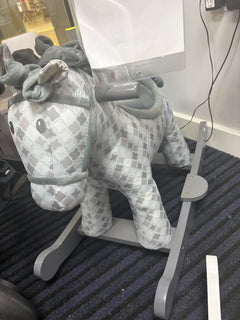 Plush rocking horse in gray-and-white checkered fabric with padded front legs