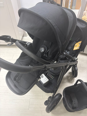 Cybex Gazelle double stroller, side view of two black seat units
