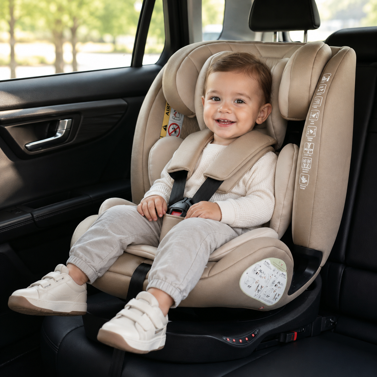 Child sitting in a car seat inside a vehicle with a blurred outdoor background