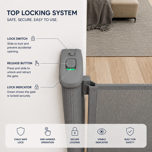 Grey fabric gate top locking system with release button and green lock indicator
