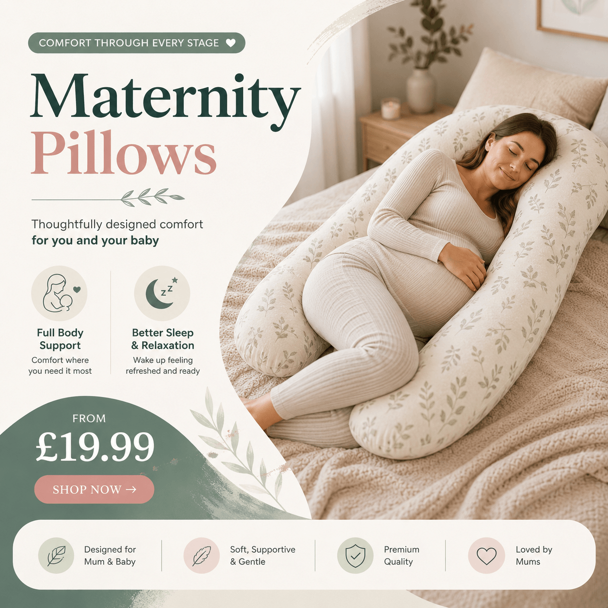 Maternity pillow advertisement with a woman lying on it in a bedroom setting.