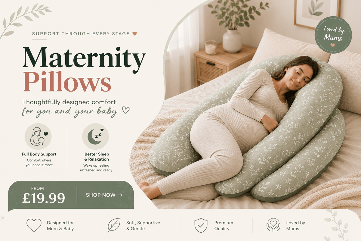Maternity pillow being used by a pregnant woman in a bedroom setting with promotional text and branding.