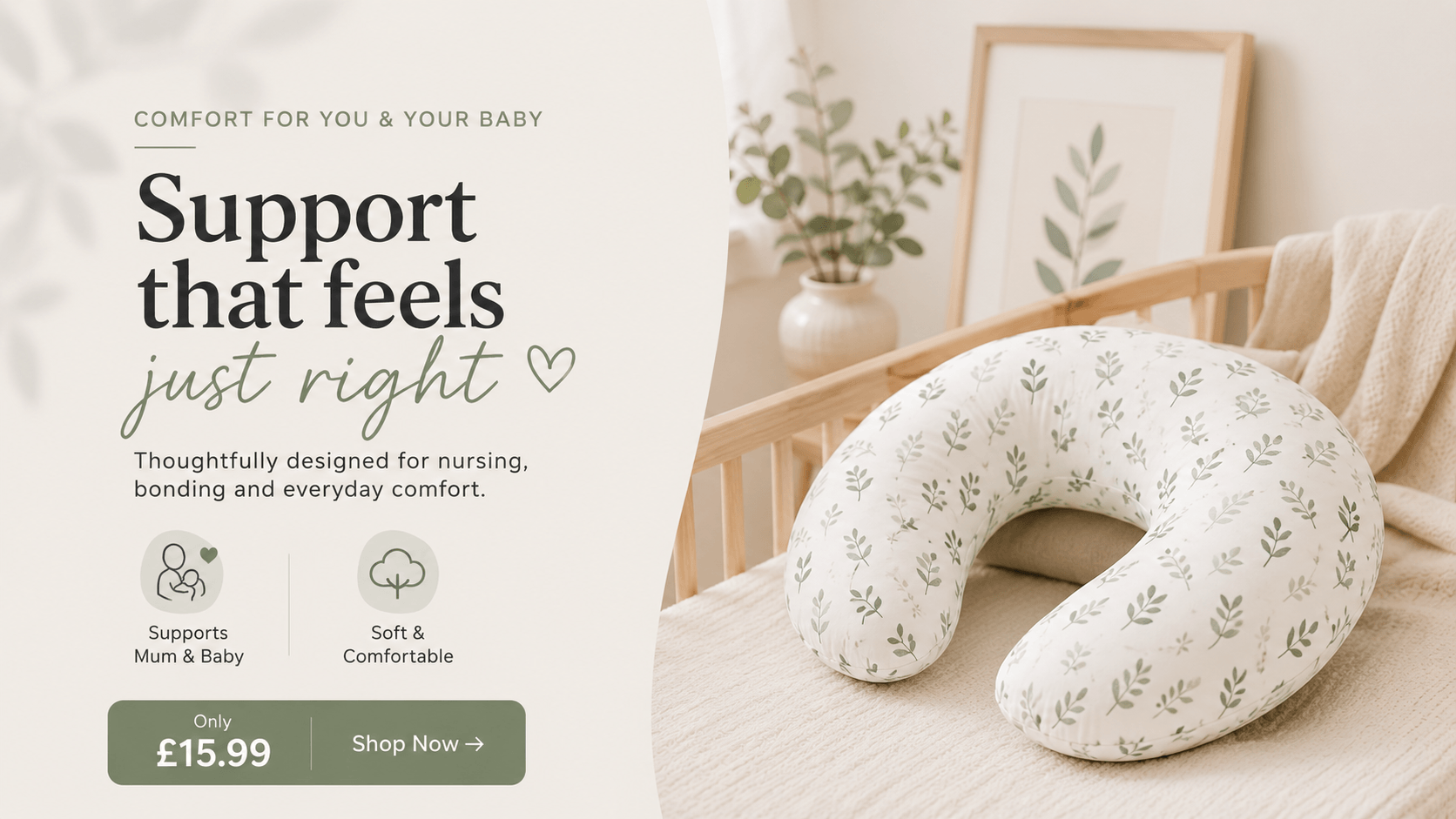 Breastfeeding pillow with floral pattern on a crib in a nursery setting, featuring text about product benefits and price.