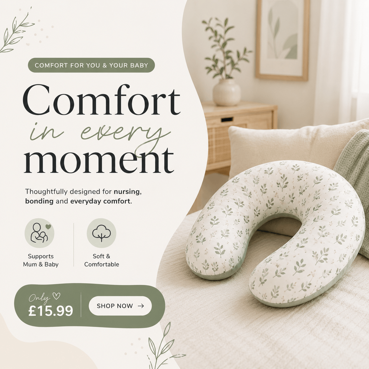 Floral-patterned nursing pillow on a couch with promotional text and price.