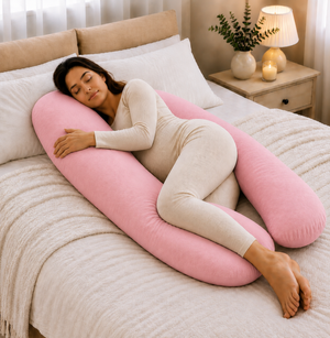 Light pink 9 ft maternity pillow with matching case, curved U-shape for side sleeping support