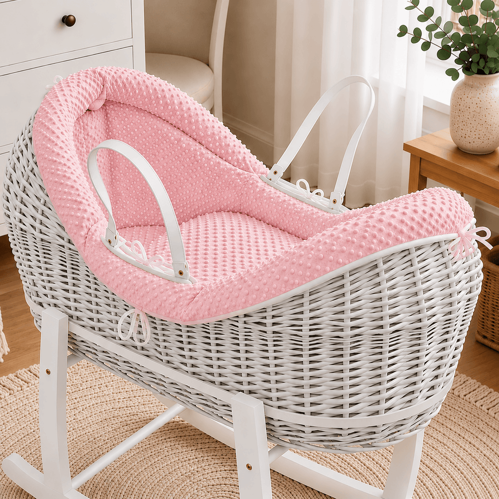 Pink dimple Moses basket bedding set with padded insert and matching bow ties