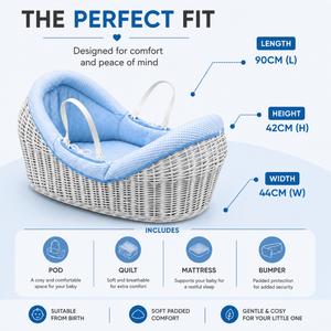 Blue wicker baby Moses basket with white stand and padded pod liner