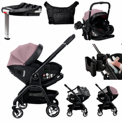 Infant car seat and stroller 7-piece travel bundle, pastel pink and black.
