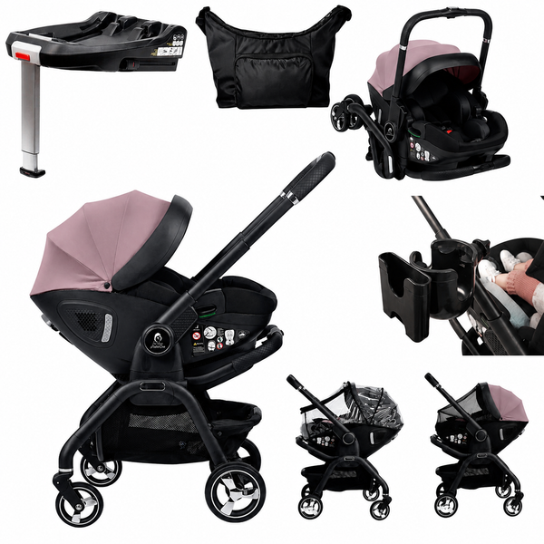 Infant car seat and stroller 7-piece travel bundle, pastel pink and black.