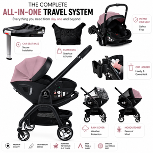 All-in-one infant travel system bundle with car seat, stroller, and pastel pink accessories.