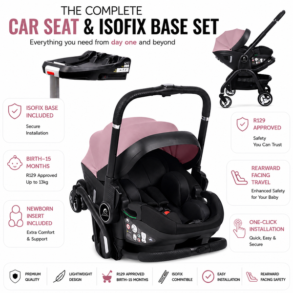 For Your Little One Qubi Infant Car Seat Stroller & Base - Pastel Pink