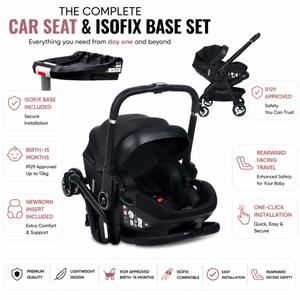 Black infant car seat with stroller frame and base, one-click installation controls